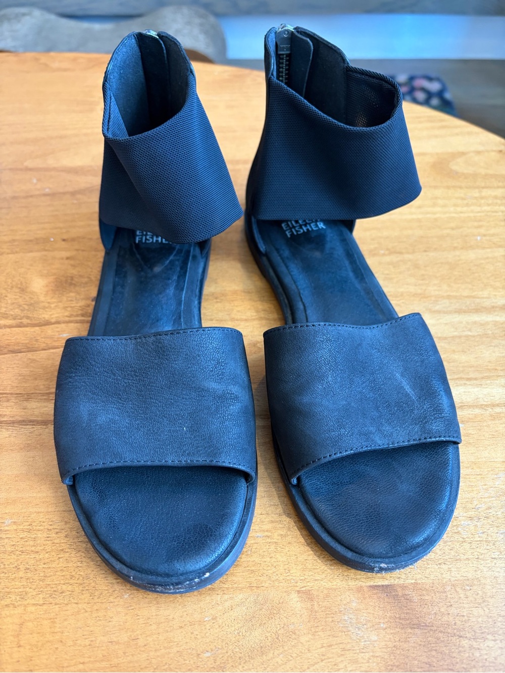 Eileen Fisher Black Ankle-Strap Leather Sandals